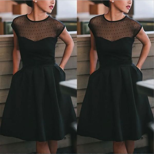 little black cocktail dresses sheer jewel neck dotted tulle short knee length party dress with pockets high quality
little black cocktail dresses sheer jewel neck dotted tulle short knee length party dress with pockets high quality