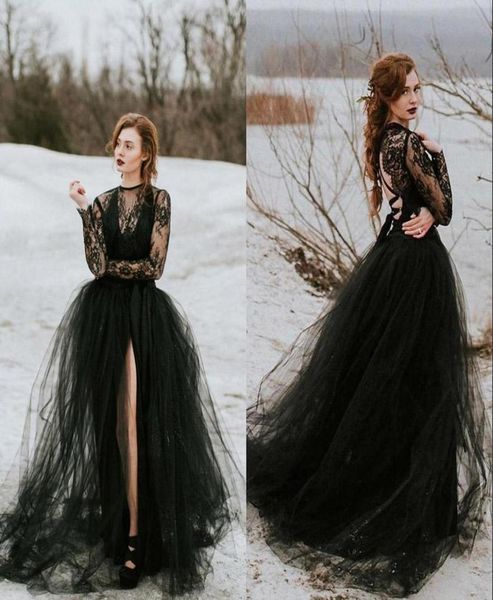 vintage bobemian black lace tulle gothic wedding dresses with long sleeves sheer slit skirt women non white bridal gown n2571191
vintage bobemian black lace tulle gothic wedding dresses with long sleeves sheer slit skirt women non white bridal gown n2571191