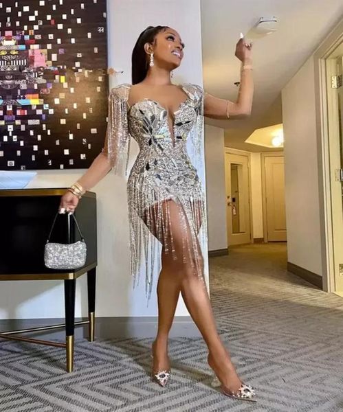 2022 sparkly silver celebrity dress prom dresses 2022 for black girls mini cocktail gown beaded tassels party homecoming gown5308283