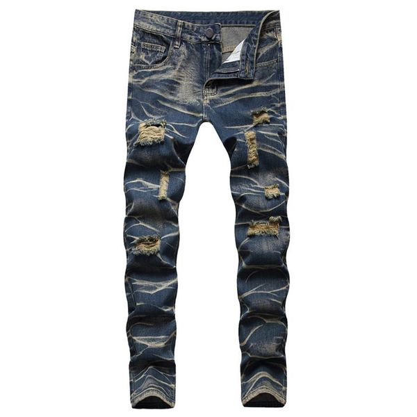 men ripped slim fit jeans hole destroyed skinny straight leg washed frayed motocycle denim pants hip hop stretch biker men's 282w, Blue
men ripped slim fit jeans hole destroyed skinny straight leg washed frayed motocycle denim pants hip hop stretch biker men's 282w, Blue