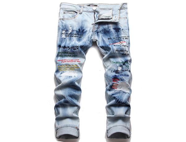 punk vintage blue ripped hole men039s jeans fashion slim fit stretch denim pants spring autumn letters embroidered patch trouse4354300
punk vintage blue ripped hole men039s jeans fashion slim fit stretch denim pants spring autumn letters embroidered patch trouse4354300