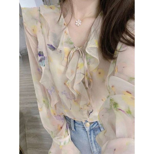 sunscreen floral shirt for women in summer french niche high end temperament short thin long sleeved chiffon top, White
sunscreen floral shirt for women in summer french niche high end temperament short thin long sleeved chiffon top, White