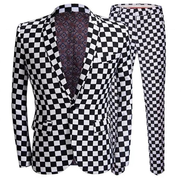 men's suits & blazers fashion suit men black white plaid print 2 pieces set latest coat pant designs wedding stage singer sli277c, White;black
men's suits & blazers fashion suit men black white plaid print 2 pieces set latest coat pant designs wedding stage singer sli277c, White;black