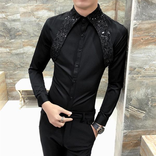 men shirt slim fit long sleeve 2020 spring tuxedo shirt men lace patchwork casual party dress shirts mens black white2590, White;black
men shirt slim fit long sleeve 2020 spring tuxedo shirt men lace patchwork casual party dress shirts mens black white2590, White;black