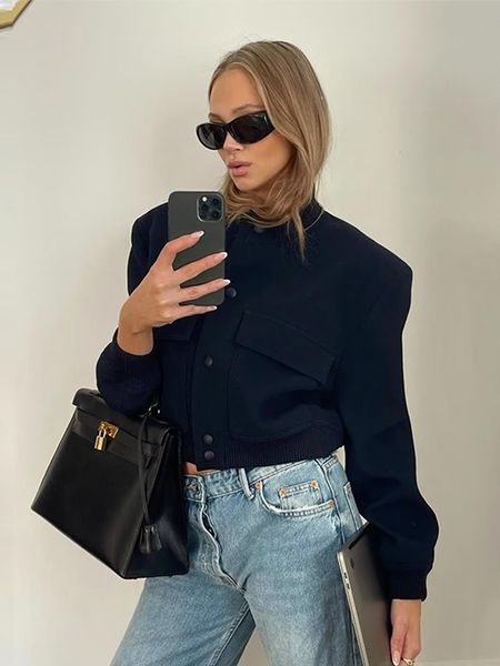 men's hoodies sweatshirts elegant large pocket bomber jacket coat womenlong sleeve single breated short spring ladies fashion coats 230, Black
men's hoodies sweatshirts elegant large pocket bomber jacket coat womenlong sleeve single breated short spring ladies fashion coats 230, Black