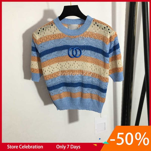 2022 women summer knit tee designer with letter print female milan runway cotton designer crop t-shirt clothing high end colorful stripe pu, White