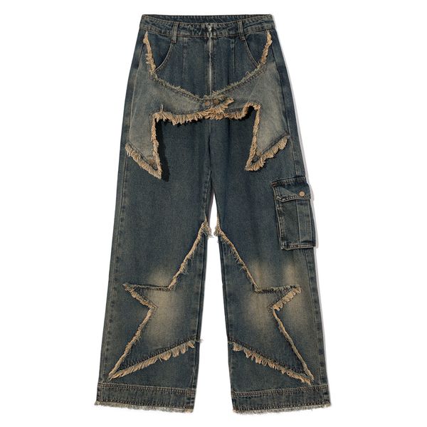 men's jeans lacible distressed effect patchwork star denim 2023 selling loose streetwear rapper jogger men women pants 230810, Blue
men's jeans lacible distressed effect patchwork star denim 2023 selling loose streetwear rapper jogger men women pants 230810, Blue