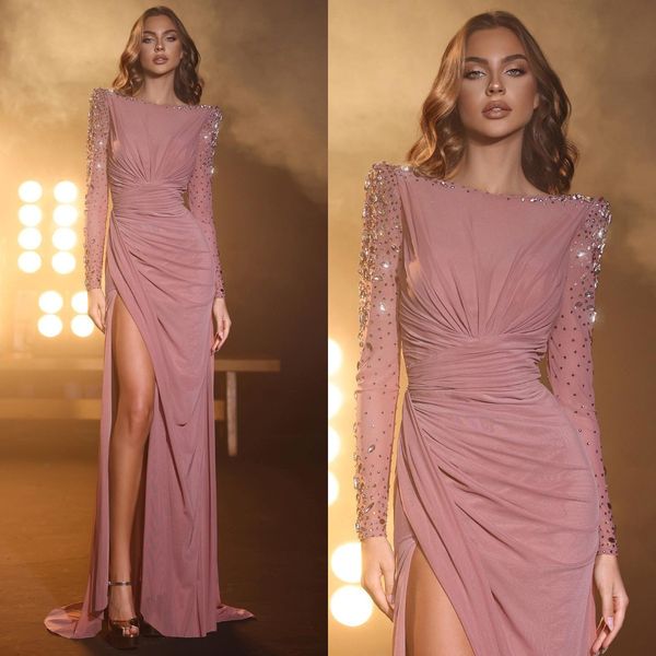 elegant pink evening dresses bateau neck beads crystal long sleeves formal party prom dress split red carpet dresses for special occasions, Black;red
elegant pink evening dresses bateau neck beads crystal long sleeves formal party prom dress split red carpet dresses for special occasions, Black;red