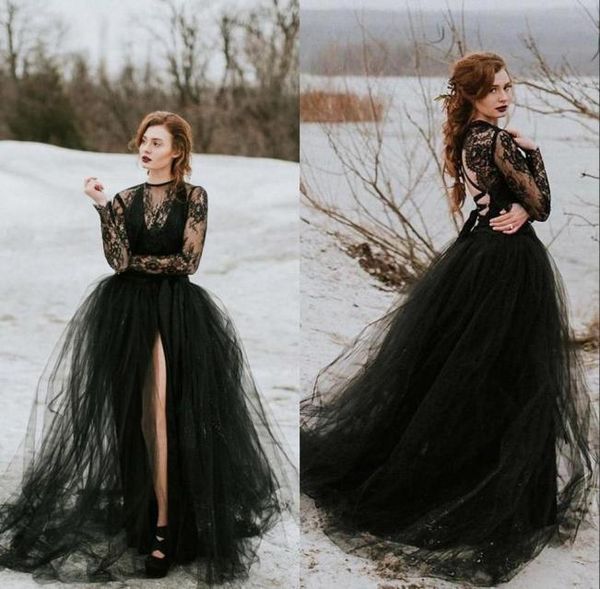 vintage bobemian black lace tulle gothic wedding dresses with long sleeves sheer slit skirt women non white bridal gown n8293254
vintage bobemian black lace tulle gothic wedding dresses with long sleeves sheer slit skirt women non white bridal gown n8293254