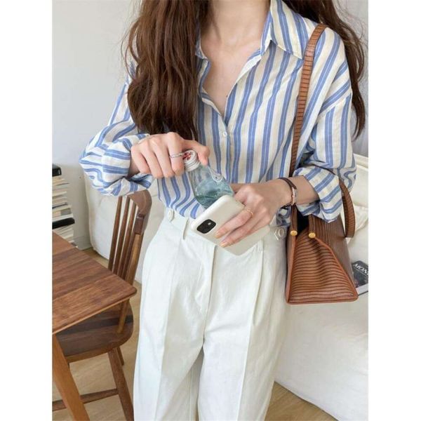 retract feeling languid striped shirt for womens summer loose versatile comfortable retro sunblock, White
retract feeling languid striped shirt for womens summer loose versatile comfortable retro sunblock, White