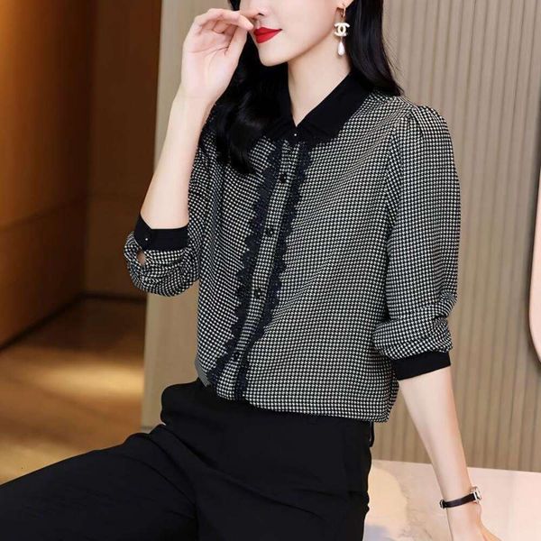 chiffon shirt for women early autumn long sleeved cardigan middle aged mothers houndstooth vintage, White
chiffon shirt for women early autumn long sleeved cardigan middle aged mothers houndstooth vintage, White