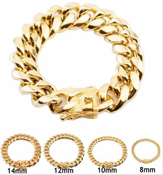 

316l stainless steel bracelets 18k gold plated high polished miami cuba link men punk curb chain bracelet 8mm 10mm 12mm 14mm 16mm 4836838, Black