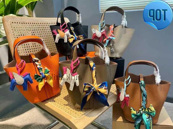bags vegetable basket picotin lock female genuine leather 2023 first layer cowhide handbag large capacity bucket bag brand totehh