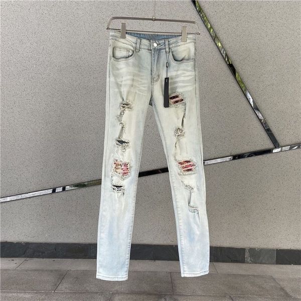 men's jeans high street ripped patch do old wash water brand elastic slim small feet 230810, Blue
men's jeans high street ripped patch do old wash water brand elastic slim small feet 230810, Blue
