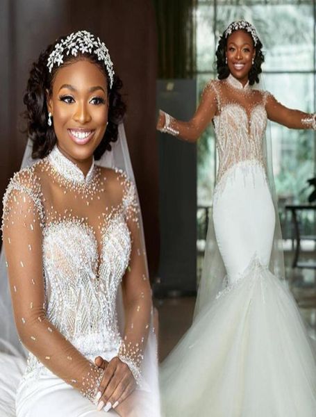 2021 mermaid wedding dresses long sleeeves illusion high collar beaded crystals sweep train custom made wedding gown vestido de no9572474, White
2021 mermaid wedding dresses long sleeeves illusion high collar beaded crystals sweep train custom made wedding gown vestido de no9572474, White