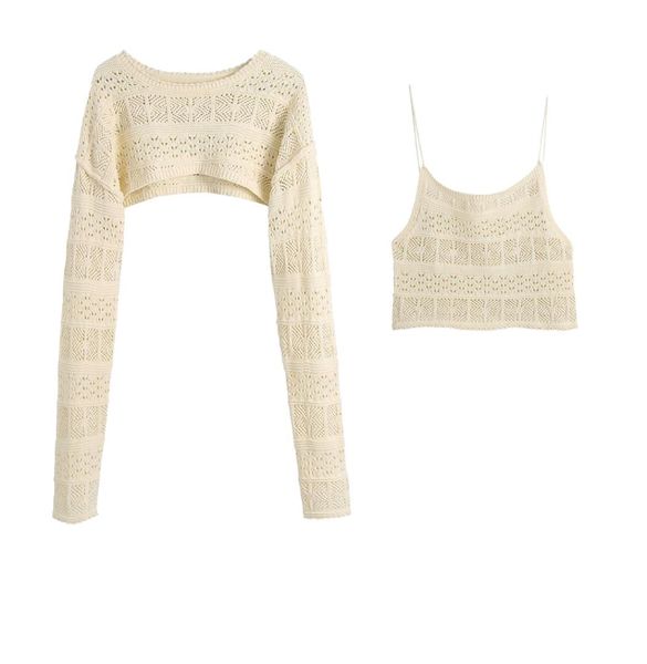women open knit arm warmers cropped sweater and camisole two piece set casual fashion chic sweaters 2104201143771, White;black 
women open knit arm warmers cropped sweater and camisole two piece set casual fashion chic sweaters 2104201143771, White;black