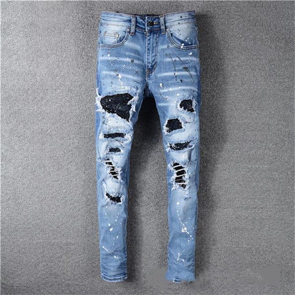 classic printed embroidery designer mens jeans motorcycle hole luxury denim men's fashion street wear men designer pants229n, Blue
classic printed embroidery designer mens jeans motorcycle hole luxury denim men's fashion street wear men designer pants229n, Blue