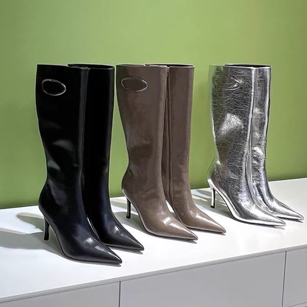 knee-high boots stiletto heel oval metal buckle decorative side zipper high heel fashion boots women's pointed luxury designer oil wax, Black
knee-high boots stiletto heel oval metal buckle decorative side zipper high heel fashion boots women's pointed luxury designer oil wax, Black