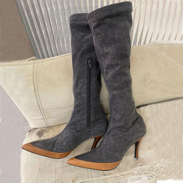 stiletto denim for knee boots heels half boot side zipper opening almond toe genuine leather hight heel booties luxury designers shoe women, Black
stiletto denim for knee boots heels half boot side zipper opening almond toe genuine leather hight heel booties luxury designers shoe women, Black