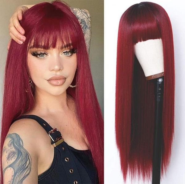 red wigs full neat bangs long silky straight wig heat resistant synthetic fiber hair dark roots ombre color glueless full machine 2924375, Black 
red wigs full neat bangs long silky straight wig heat resistant synthetic fiber hair dark roots ombre color glueless full machine 2924375, Black