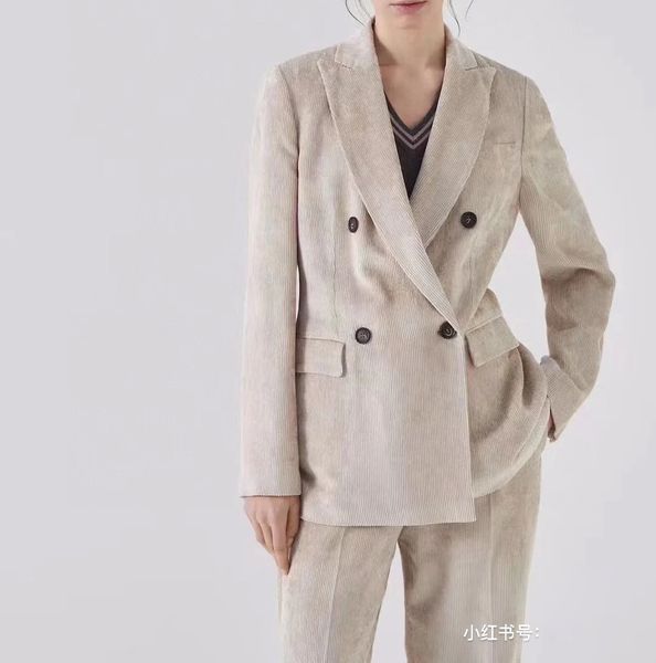 women's two piece pants european fashion brand beige corduroy casual suit set, White
women's two piece pants european fashion brand beige corduroy casual suit set, White