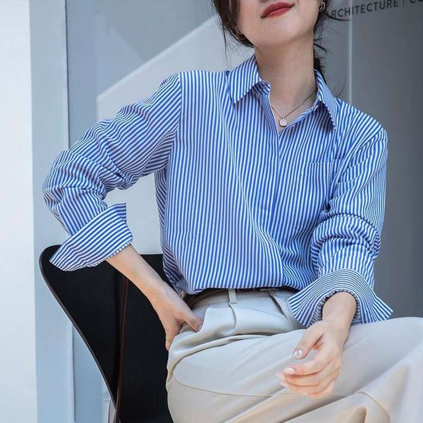 item blue striped blouse shirt womens casual spring and autumn style loose all match long sleeve, White
item blue striped blouse shirt womens casual spring and autumn style loose all match long sleeve, White