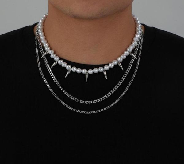 chokers three layer punk rivet pearl beaded choker necklace jewelry men039s8665777, Golden;silver