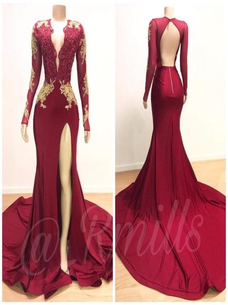 red v neck satin long sleeves high split mermaid long prom dresses lace applique backless sweep train evening gowns bc05348117269, Black
red v neck satin long sleeves high split mermaid long prom dresses lace applique backless sweep train evening gowns bc05348117269, Black