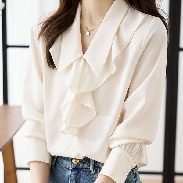 ruffled long sleeved shirt for women autumn unique beautiful french sweet casual chiffon, White
ruffled long sleeved shirt for women autumn unique beautiful french sweet casual chiffon, White