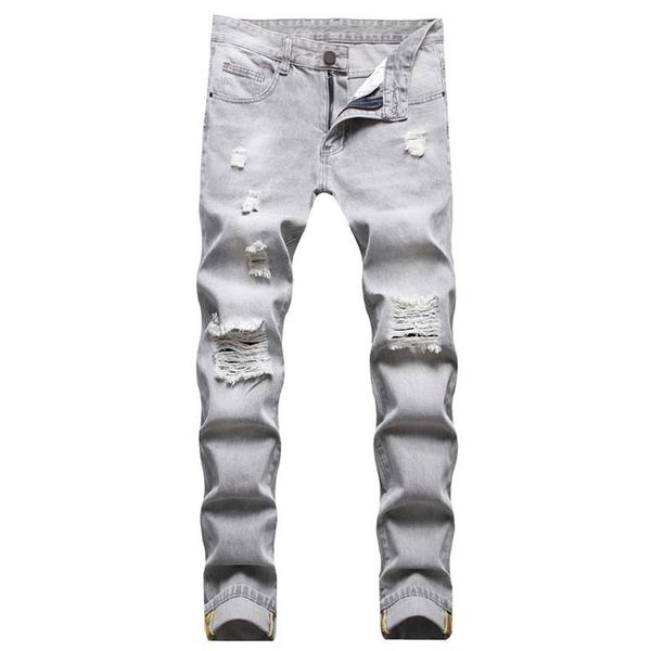 men's jeans 2021 casual ripped straight sand fried gray328w, Blue