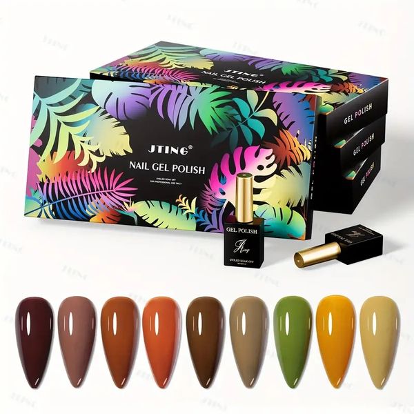 9-piece autumn gel nail polish set - brown, yellow, green, grey colors for diy nail art
9-piece autumn gel nail polish set - brown, yellow, green, grey colors for diy nail art
