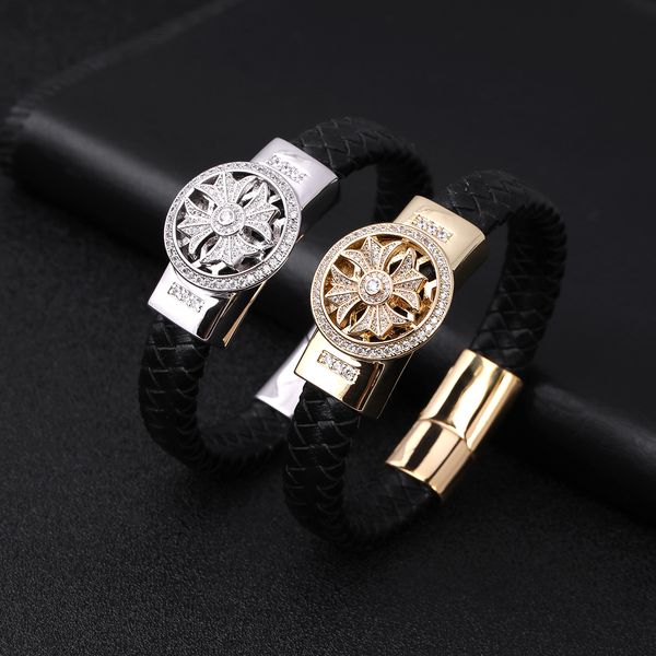 luxury micro pave stainless steel flower charm cuff bracelet men style handmade leather bangle for gift, Golden;silver
luxury micro pave stainless steel flower charm cuff bracelet men style handmade leather bangle for gift, Golden;silver