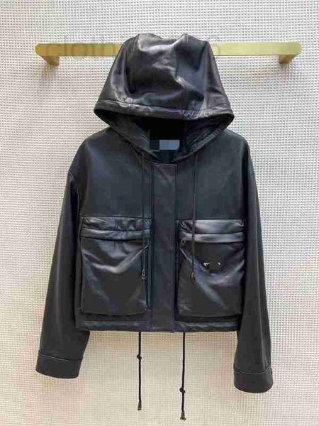 women's leather & faux designer hooded design small leather windbreaker jacket with large chest pocket decoration classic triangular pu, Black
women's leather & faux designer hooded design small leather windbreaker jacket with large chest pocket decoration classic triangular pu, Black