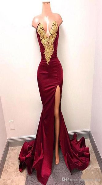 new design 2k20 burgundy evening dresses with gold lace appliqued mermaid front split for 2020 long prom party evening wear g7151049, Black;red
new design 2k20 burgundy evening dresses with gold lace appliqued mermaid front split for 2020 long prom party evening wear g7151049, Black;red