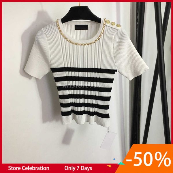 2023 women summer slim knit tee designer with striped buttons milan runway designer crop t-shirt clothing high end brand elasticity striped, White
2023 women summer slim knit tee designer with striped buttons milan runway designer crop t-shirt clothing high end brand elasticity striped, White