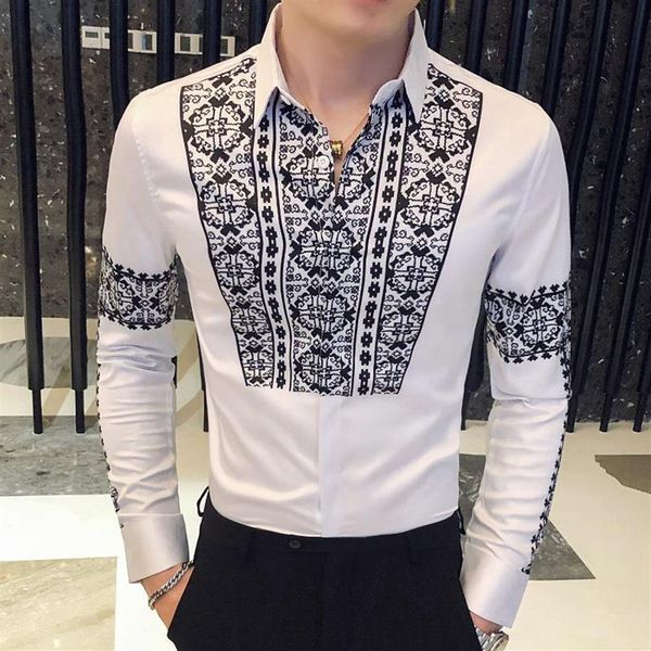 mens retro contrast print wedding shirts 2021 splicing shirt for men flower party vintage camisa social masculina men's dress292t, White;black
mens retro contrast print wedding shirts 2021 splicing shirt for men flower party vintage camisa social masculina men's dress292t, White;black