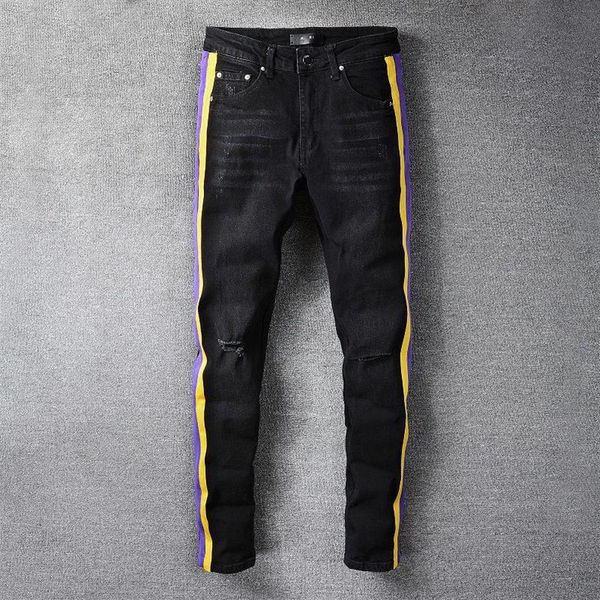 black slim ripped fashion brand jeans pants casual hip dance four season streetwear yellow purple striped men men's277g, Blue
black slim ripped fashion brand jeans pants casual hip dance four season streetwear yellow purple striped men men's277g, Blue