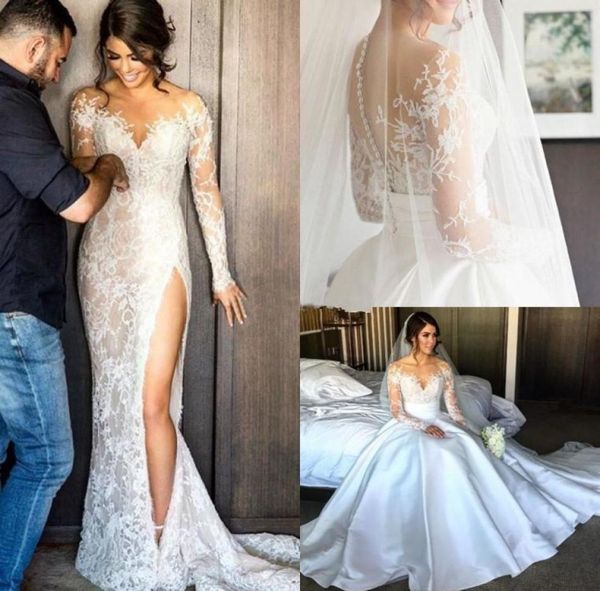 high split lace steven khalil wedding dresses with detachable skirt sheer neck long sleeves sheath overskirts bridal gown 20208291564, White
high split lace steven khalil wedding dresses with detachable skirt sheer neck long sleeves sheath overskirts bridal gown 20208291564, White