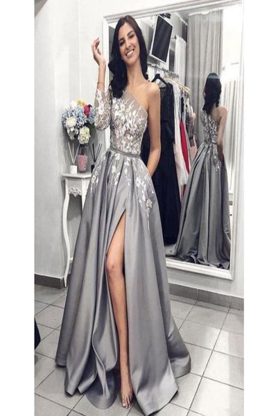 one shoulder satin a line prom dresses elegant long sleeves high split evening lace applique formal party evening gown vestido de 9586753, Black
one shoulder satin a line prom dresses elegant long sleeves high split evening lace applique formal party evening gown vestido de 9586753, Black