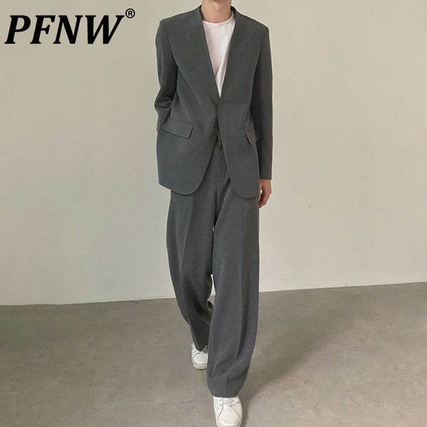 men's suits blazers pfnw spring summer darkwear suit set leisure slit collarless design baggy handsome coat pants 12a8445 230810, White;black
men's suits blazers pfnw spring summer darkwear suit set leisure slit collarless design baggy handsome coat pants 12a8445 230810, White;black