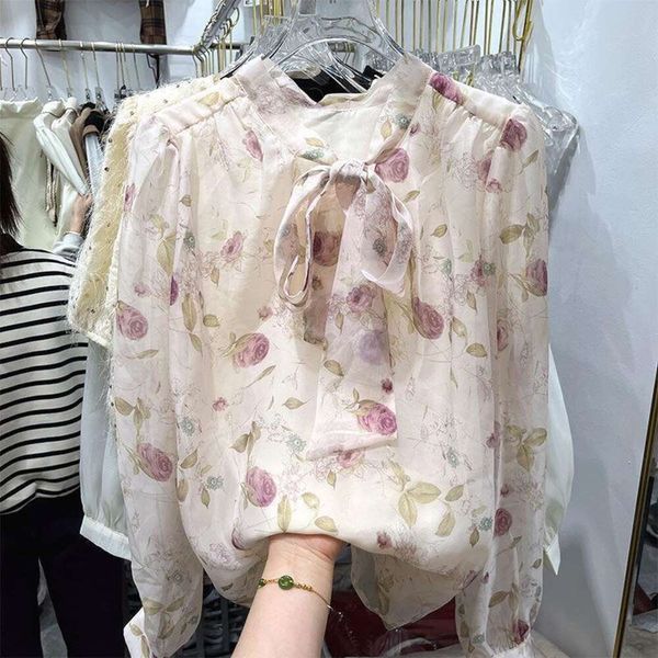 french thin bow this years chiffon shirt for women spring and summer style puff sleeve western, White
french thin bow this years chiffon shirt for women spring and summer style puff sleeve western, White