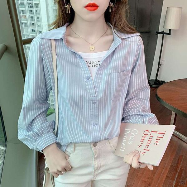 striped shirt for women spring clothes fake two piece printed loose western style all matching long sleeved design, White
striped shirt for women spring clothes fake two piece printed loose western style all matching long sleeved design, White