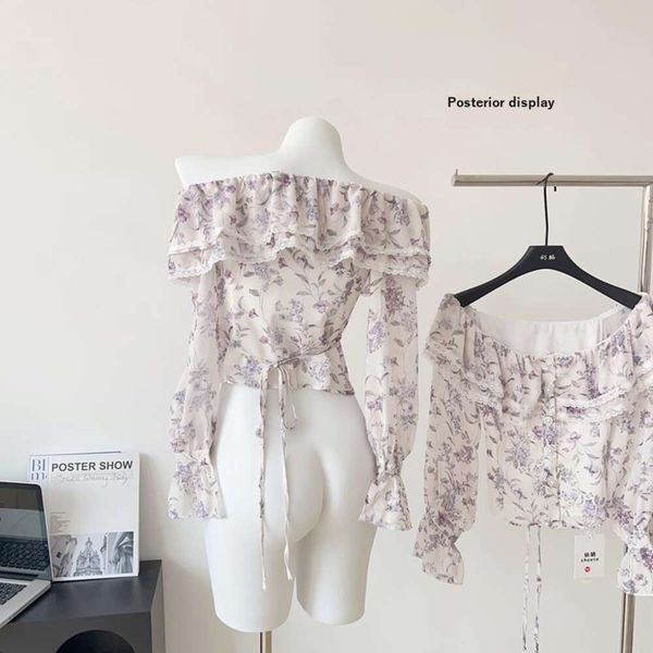 french retro lace floral shirt for women design sense niche long sleeved off shoulder top, White
french retro lace floral shirt for women design sense niche long sleeved off shoulder top, White