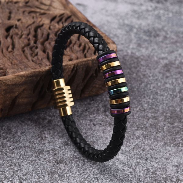 new arrival colorful stainless steel spacer charm cuff bracelet men style hand braid blue leather bangle for gift, Golden;silver
new arrival colorful stainless steel spacer charm cuff bracelet men style hand braid blue leather bangle for gift, Golden;silver