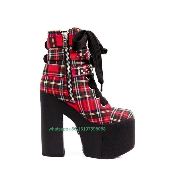 boots lady punk rock studed design plaid red ankle boots gothic style metal platform chunky heel lace up buckle strap 230810, Black
boots lady punk rock studed design plaid red ankle boots gothic style metal platform chunky heel lace up buckle strap 230810, Black