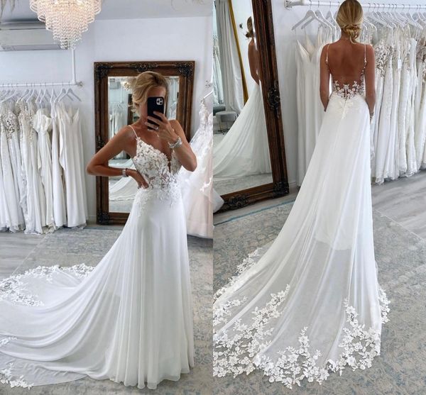bohemian lace chiffon wedding dresses spaghetti straps appliques a line backless bridal gowns summer boho robe de mariage bc16263, White
bohemian lace chiffon wedding dresses spaghetti straps appliques a line backless bridal gowns summer boho robe de mariage bc16263, White