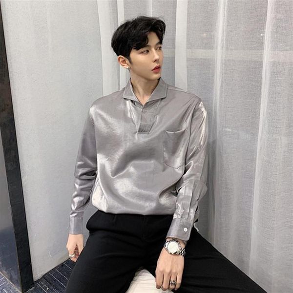 spring men's long sleeve pullover shirt black gray thin loose shirts bright silk satin pullover shirt tide male fashion 1242w, White;black
spring men's long sleeve pullover shirt black gray thin loose shirts bright silk satin pullover shirt tide male fashion 1242w, White;black