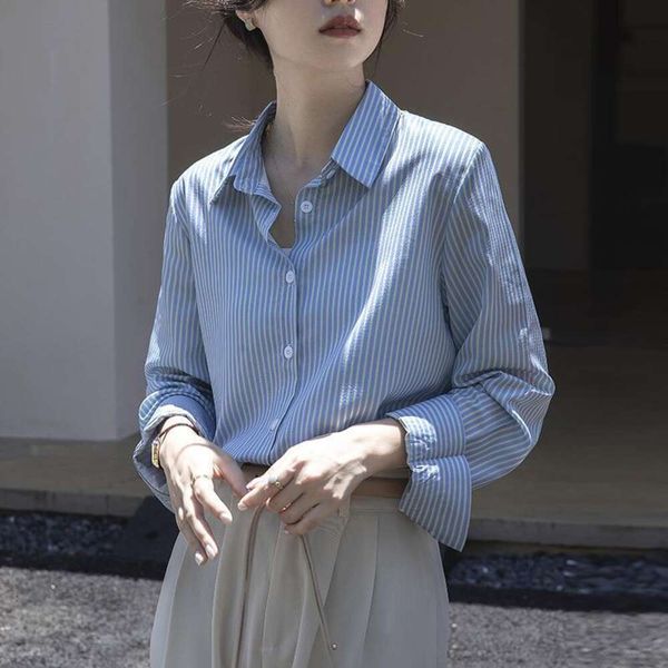 french blue striped long sleeved shirt for women spring casual professional design sense niche shoulder length, White
french blue striped long sleeved shirt for women spring casual professional design sense niche shoulder length, White