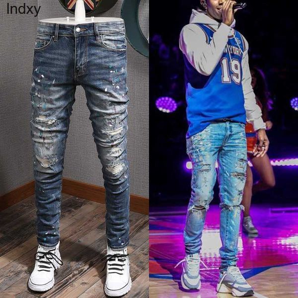 stretch design denim jeans biker fit for mens slim painted patch trim leg cowboy pants male, Blue
stretch design denim jeans biker fit for mens slim painted patch trim leg cowboy pants male, Blue