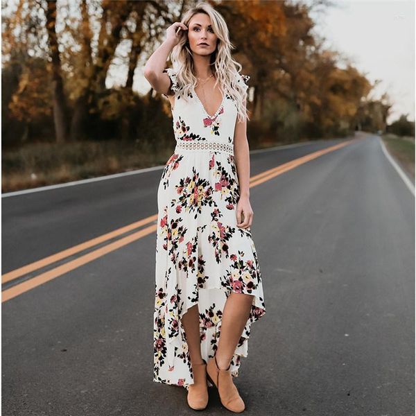 

Casual Dresses Women's Maxi Swing Dress Summer Elegant Floral Printed V Neck Sundress Sleeveless Backless Boho Party Ladies, White